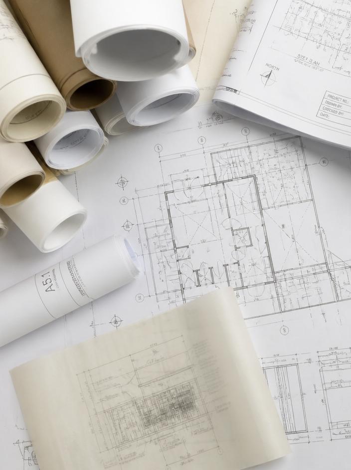 Rolls of wide format paper and architectural blueprints