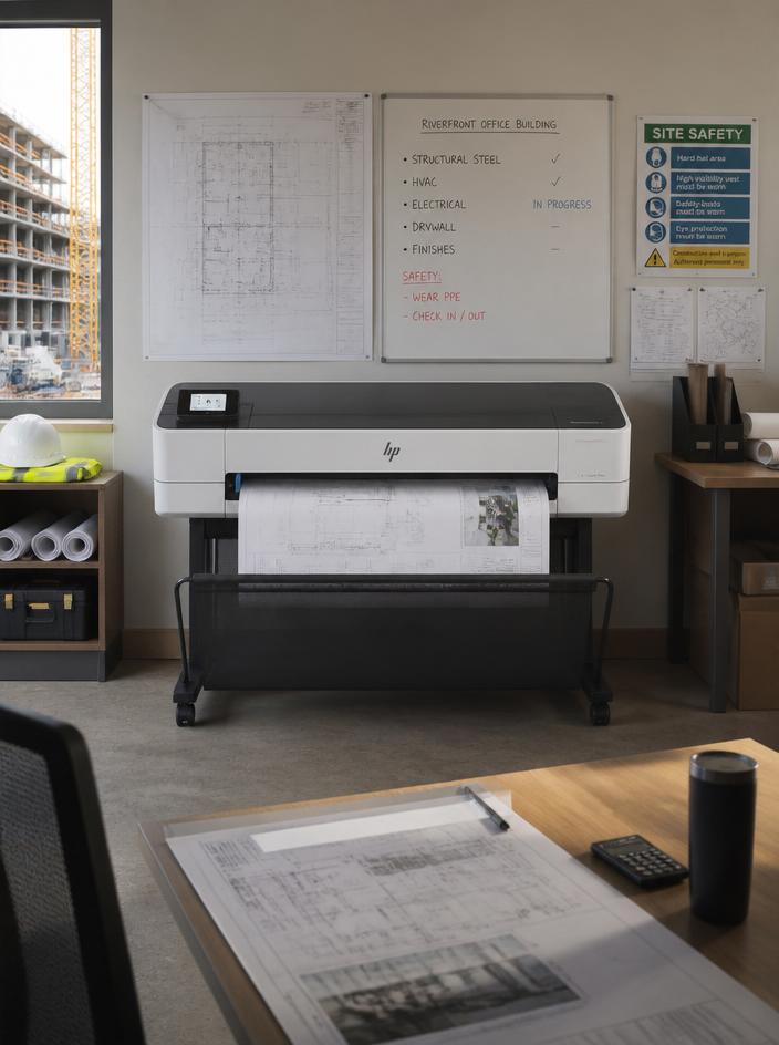 HP DesignJet T-series printer in a construction site office
